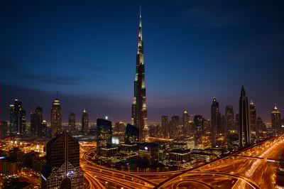 Dubai skyline featuring Burj Khalifa and city lights