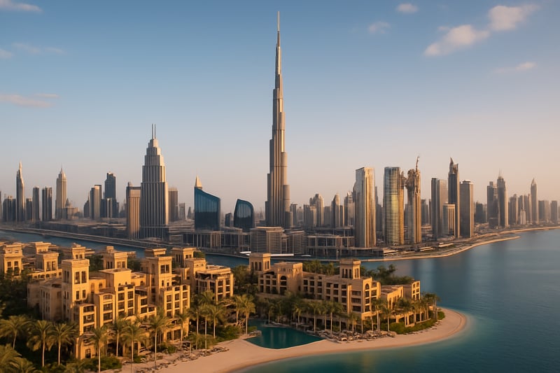 Panoramic view of Dubai skyline with Burj Khalifa and luxury resorts