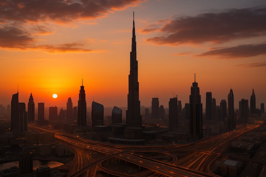 Skyline of Dubai with Burj Khalifa at sunset